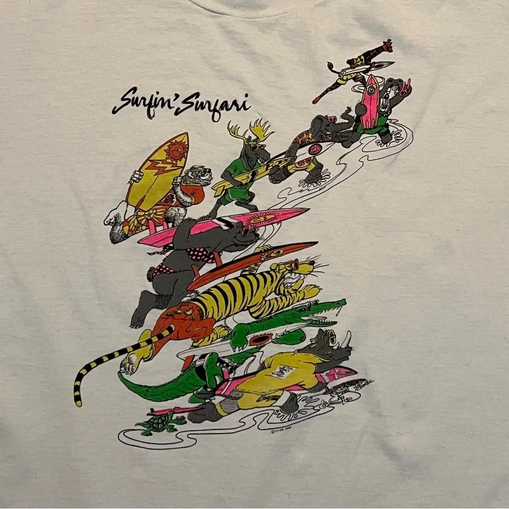 Vintage Surfin Surfari T Shirt XL White CYRK 80s Single Stitch Made in USA - Picture 1 of 7